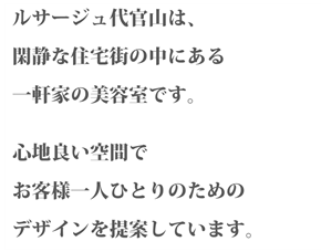 ルサージュ代官山は、閑静な住宅街の中にある一軒家の美容室です。心地良い空間でお客様一人ひとりのためのデザインを提案しています。